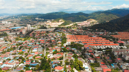 Suburb of Kuala Lumpur with residential areas. Malaysia. Drone aerial footage.