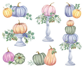 Decorative compositions with watercolor pumpkins.Pastel Pumpkins Clipart. Autumn, Fall, Harvest Illustration. Helloween, Thanksgiving Colored Pumpkin Decor.