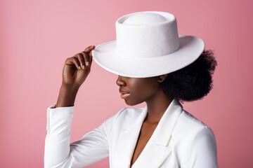 Elegant beautiful African American woman wearing classic white blazer, hiding eyes by stylish hat, posing in studio, on pink background. Close up profile portrait. 