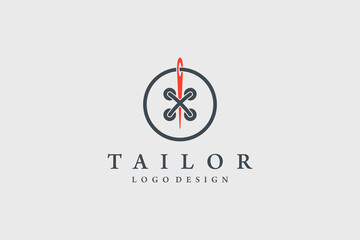 Tailor Logo. Red Needle with Black Circle Line Thread and Buttonhole Combination isolated on Vintage Background. Usable for Garment and Handmade Logos. Flat Vector Logo Design Template Element.