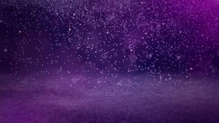 Purple colored defocused bokeh lights background - horizontal wallpaper, poster. Stylish, festive and elegance shot. Trendy colors. Illuminated, lights, glitter effects. Celebrative decoration.