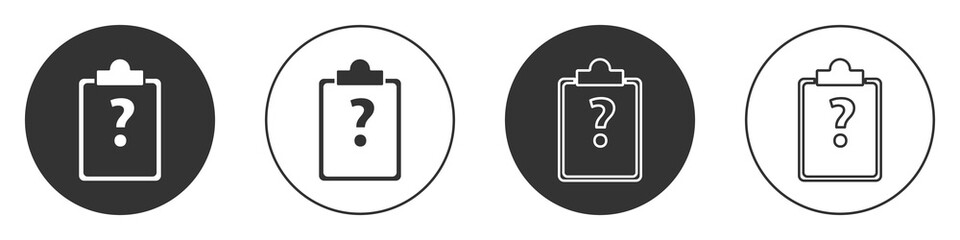 Black Clipboard with question marks icon isolated on white background. Survey, quiz, investigation, customer support questions concepts. Circle button. Vector Illustration