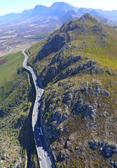 Cape Town, Western Cape / South Africa - 01/26/2017: Aerial photo of Sir Lowrys Pass road and rail