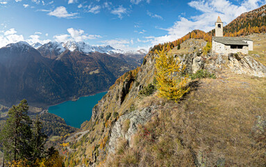 Panoramic view from the church of San Romerio on the lake of Poschiavo, Canton Grisons, Switzerland