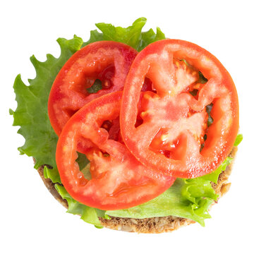 Veggie Sandwich With Lettuce And Tomatoes Isolated On A White Background. Top View