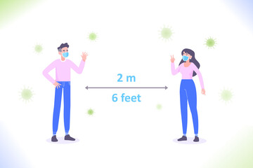 Social distancing during Coronavirus COVID-19 pandemic. Keep safe distance to prevent from epidemic, social distance between man and woman wearing protective medical mask, vector illustration