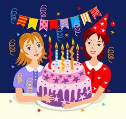 Vector image "Happy birthday card template with people and birthday cake".
