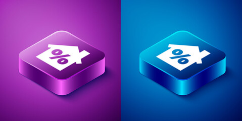 Isometric House with percant discount tag icon isolated on blue and purple background. Real estate home. Credit percentage symbol. Square button. Vector Illustration