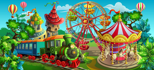 Vector illustration. Amusement park. Carousel, Ferris wheel, train. - obrazy, fototapety, plakaty