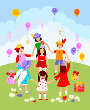 Vector image "Happy birthday card template with people and birthday cake"