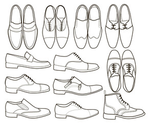 collection of men footwear isolated on white background (coloring book).