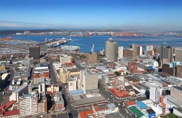 Durban, Kwa-Zulu Natal / South Africa - 07/17/2018: Aerial photo Durban CBD with Durban Harbour in the background