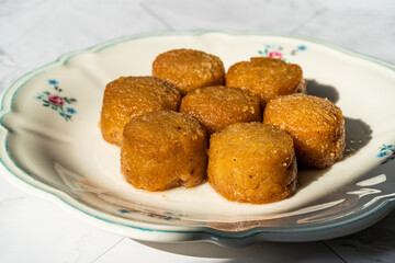 Traditional Greece Thessaloniki Dessert Style Sekerpare with Sherbet / Greek Food.