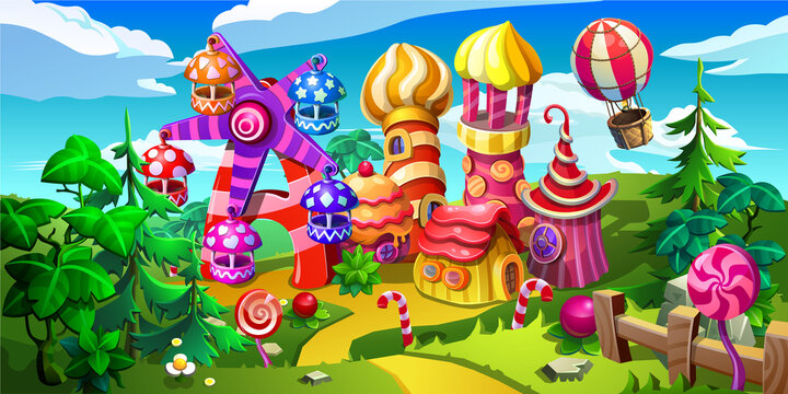 Fairytale amusement park. The carousel, the ferris wheel, houses and the aerostat are made of candies, cakes, 
caramel and marmalade. Vector illustration.