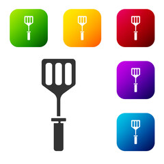 Black Spatula icon isolated on white background. Kitchen spatula icon. BBQ spatula sign. Barbecue and grill tool. Set icons in color square buttons. Vector Illustration