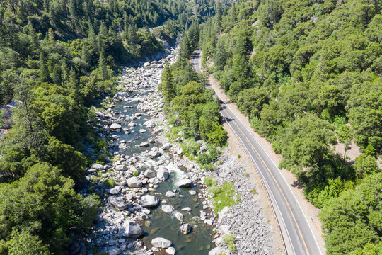 The Feather River flows through the scenic Feather River Canyon in northern California. This rugged, mountainous area in the Sierra Nevadas was a center for gold mining during the 19th century.