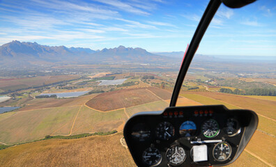 Cape Town, Western Cape / South Africa - 04/26/2019: Aerial photo of a pilots view of Stellenbosch wine farms