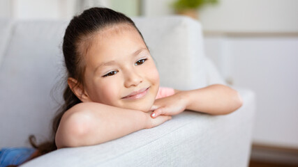 Obraz na płótnie Canvas Cute Korean Girl Sitting On Sofa Relaxing At Home, Panorama