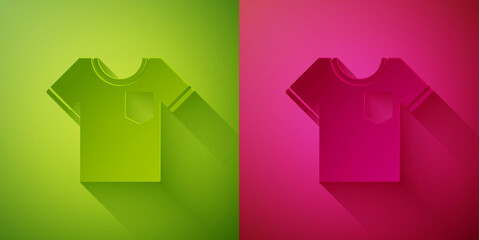 Paper cut T-shirt icon isolated on green and pink background. Paper art style. Vector Illustration