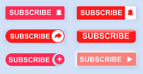 Big collection buttons subscription. Blog, vlog, social media, motion, marketing isolated subscribe red button on white background. Vector illustration