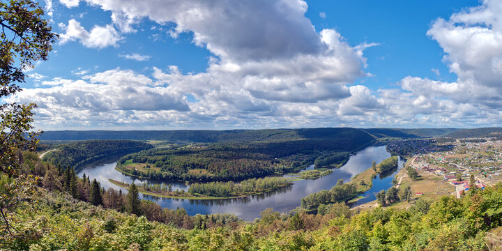 Summer landscape with the river and the island