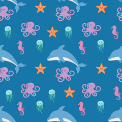 Underwater animals seamless pattern. Cute vector illustration in cartoon style