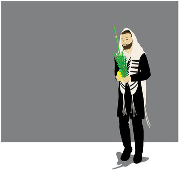 Vector illustration of a Jewish religious orthodox man. follower. Wrapped in a prayer shawl, he holds the four species of Sukkot: lulav, etrog, myrtle, willow.