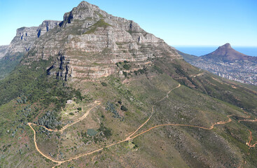 Cape Town, Western Cape / South Africa - 05/24/2019: Aerial photo of Table Mountain and Kings Blockhouse, with Lions Head in the background