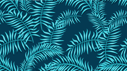 Seamless palm leaves pattern. Blue leaves on blue background