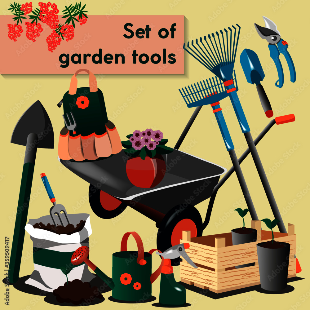 Wall mural set of vector isolated pictures of garden tools, green and blue tool