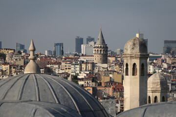 Suleymaniye Bath Roofs and Galata Tower in Istanbul, Turkey