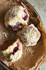 Soft Sweet Vanilla Buns filled with Homemade Berry Jam. Copy space