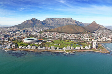 Obraz premium Cape Town, Western Cape / South Africa - 06/24/2019: Aerial photo of Cape Town with Table Mountain in the background