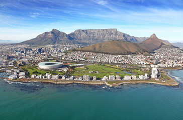 Cape Town, Western Cape / South Africa - 06/24/2019: Aerial photo of Cape Town with Table Mountain in the background