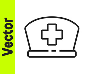 Fototapeta premium Black line Nurse hat with cross icon isolated on white background. Medical nurse cap sign. Vector Illustration
