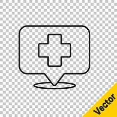 Black line Medical map pointer with cross hospital icon isolated on transparent background.  Vector Illustration