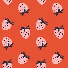 Modern strawberry seamless pattern. Big pink round strawberries on red. Big vibrant berries. Berry pattern design for textile, web banner, cards. Fresh summer fruits. Pink berries and fruits.
