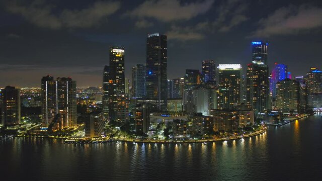 Beautiful night aerial Brickell Miami 4k 24p