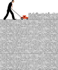 Man with a lawnmower trimming a field of computer code, EPS 8 vector illustration