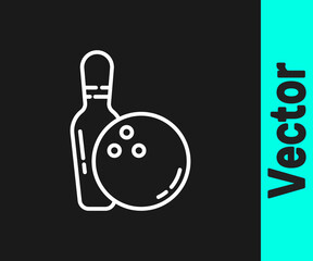 White line Bowling pin and ball icon isolated on black background. Sport equipment.  Vector Illustration