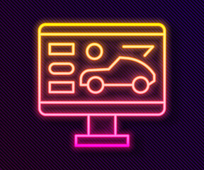 Glowing neon line Hardware diagnostics condition of car icon isolated on black background. Car service and repair parts.  Vector Illustration