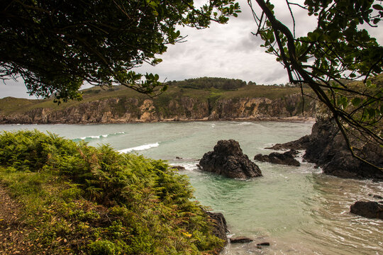 a beautiful small quiet beach with turquoise water with rocks, green coastline and trees on the lighthouses way, Malpica