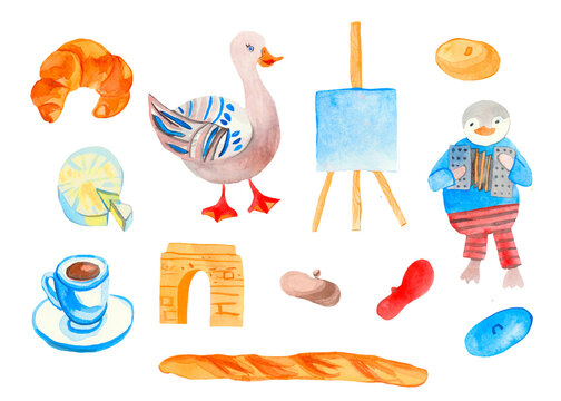 A large watercolor set of French elements.Nice clip art journey to Europe with penguin,duck,croissant,sights,mime,artist,molbert,baguette,snail,beret.Design for advertising, social networks.