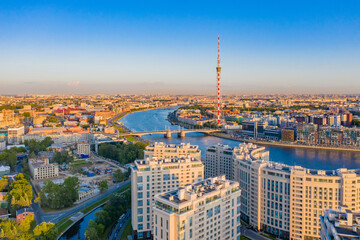 Saint Petersburg. Russia. Rivers Of Petersburg. Neva from a height. New districts in the city of St. Petersburg. Modern urban architecture. Cities of Russia. Summer trip to Russia.