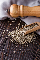 white peppercorns in wooden scoop on rustic background