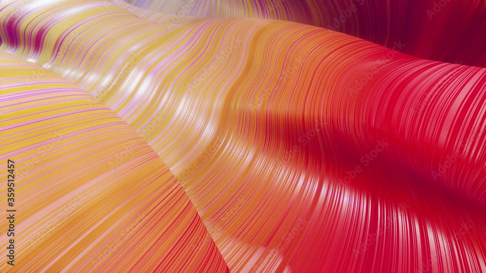 Poster beautiful abstract background of waves on surface, red yellow color gradients, extruded lines as str
