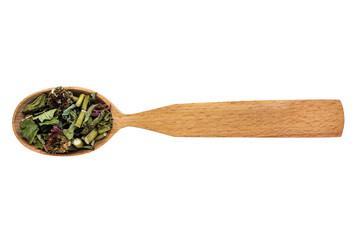 Dried Echinacea purpurea in a wooden spoon on a white background. Phytotherapy and disease prevention. Herbal collection for medicinal tinctures. Herbal tea in folk medicine. The view from the top