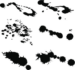 Black spray of ink. Set of splattered blots. Grungy black elements. Inky spots