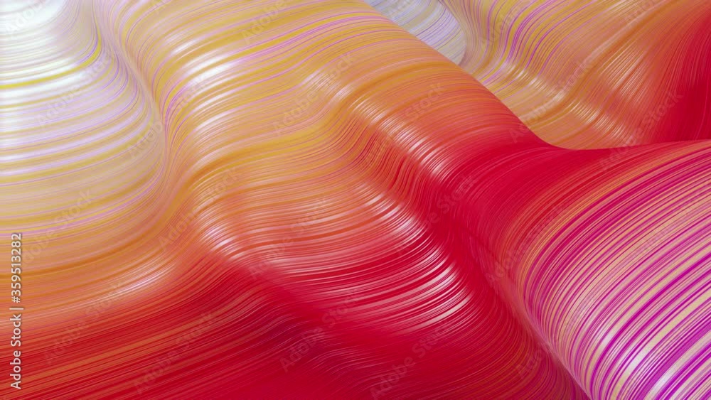 Poster beautiful abstract background of waves on surface, red yellow color gradients, extruded lines as str