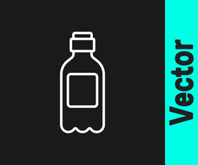 White line Bottle of water icon isolated on black background. Soda aqua drink sign.  Vector Illustration